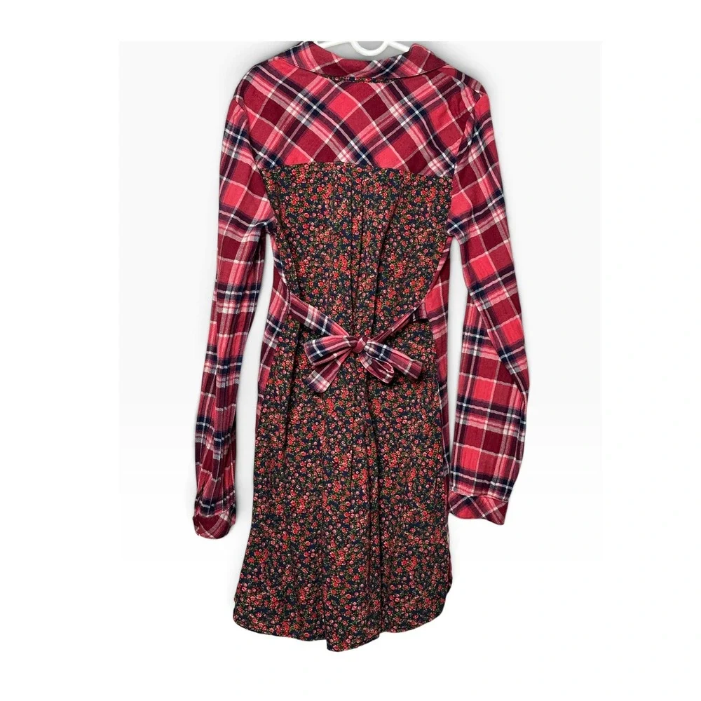 Bonnie Jean Girls Long Sleeve Red Plaid Floral Mixed Media Shirt Dress Size 10